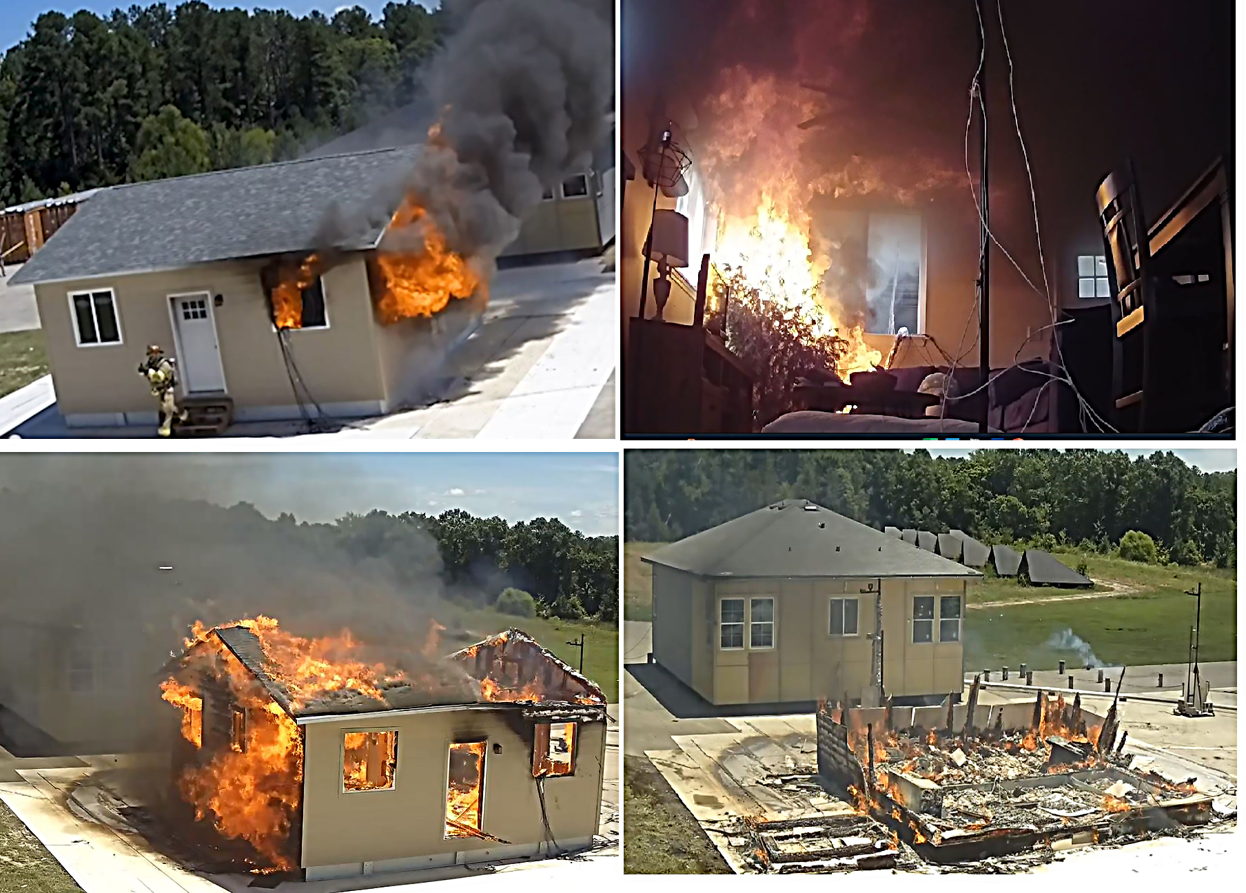 Four photos showing an ADU being progressively burned from beginning to end.