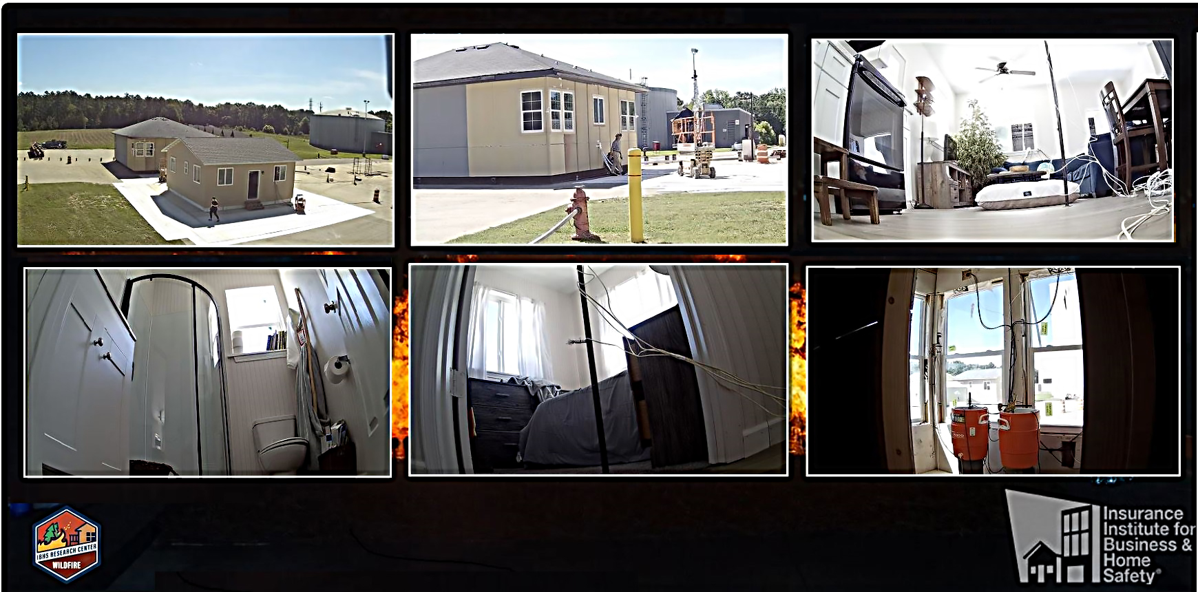 Six photos showing the outside and inside of a fully-furnished ADU used during the burn experiment.