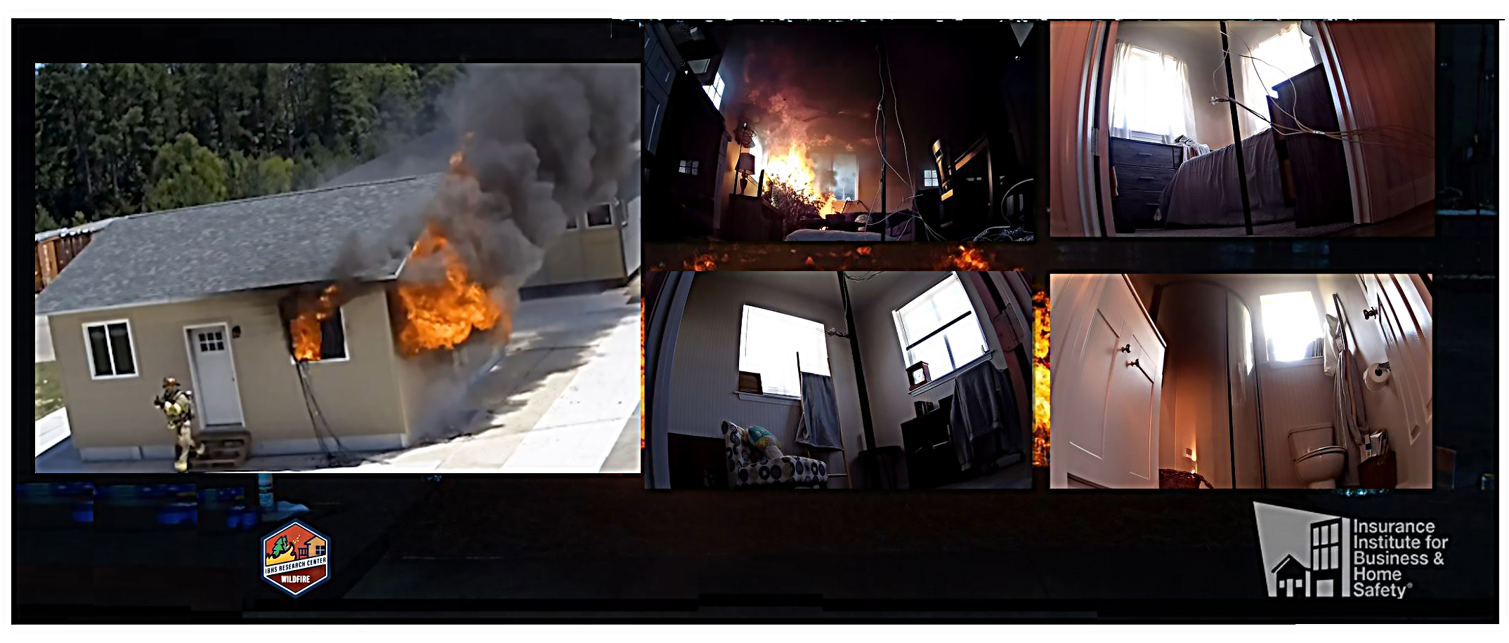 Five photos showing the burn progression of an ADU. Flames are visible inside and outside of the ADU.