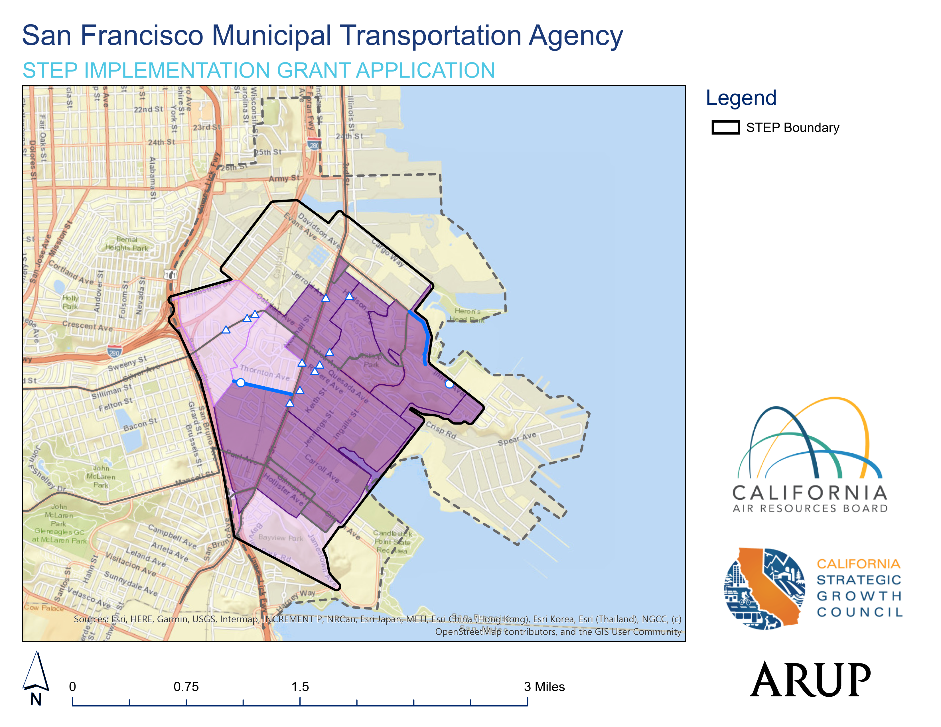 A map of Bayview Hunters Point neighborhood within San Francisco. The solid line represents the project area.