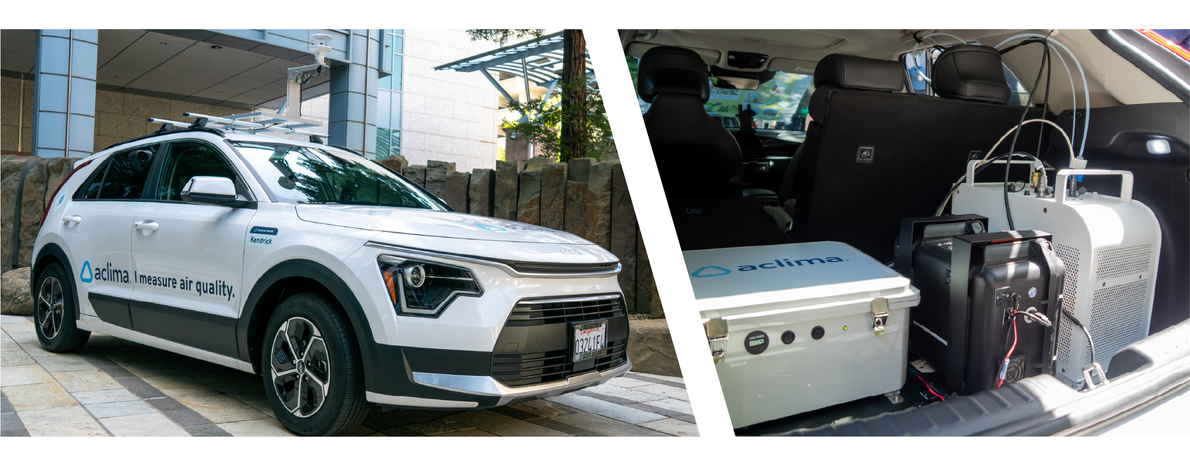 A split image showing an Aclima air quality monitoring vehicle. The left side features the exterior of a white Kia crossover labeled “Aclima. I measure air quality.” with rooftop sensors. The right side shows the interior of the vehicle’s trunk, equipped with specialized air monitoring instruments, wiring, and data collection equipment.