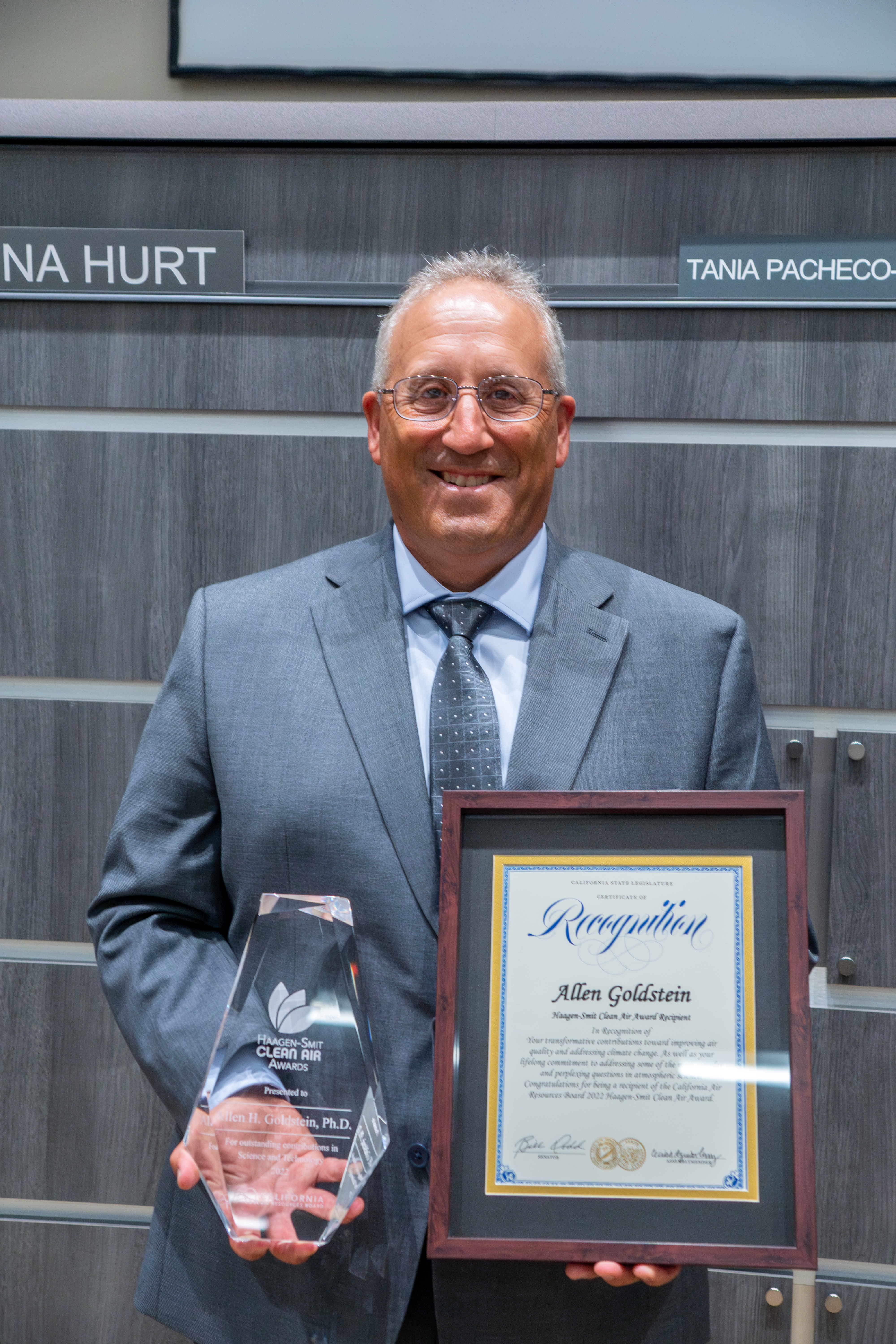 2022 Haagen-Smit Clean Air Award recipient Allen H. Goldstein, Ph.D., Professor and MacArthur Foundation Chair, University of California, Berkeley, during the monthly board meeting held at Byron Sher Auditorium at CalEPA Headquarters in Sacramento, June 22, 2023.