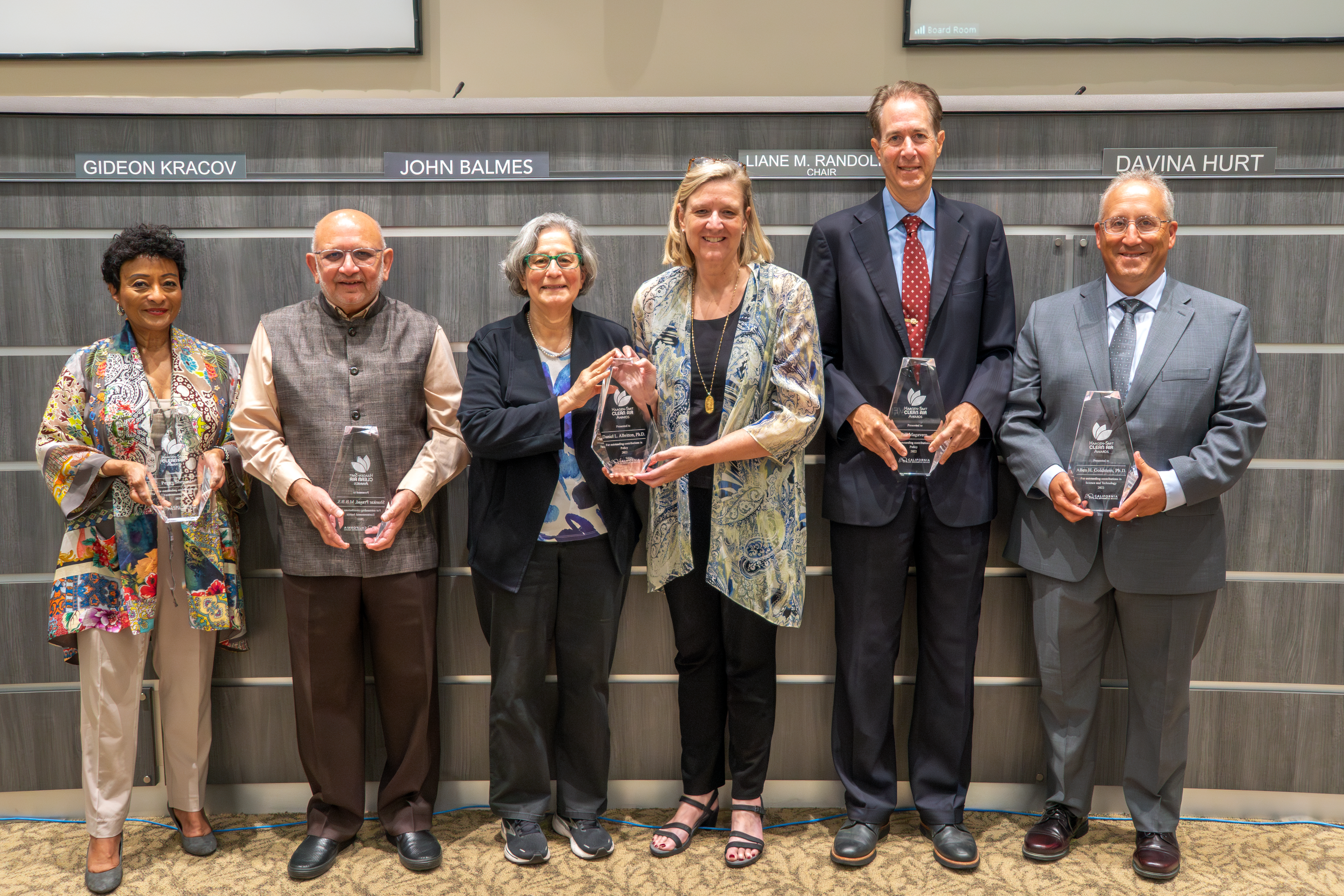 Recipients of the 2022 Haagen-Smit Clean Air Awards, California’s premier award annually recognizing individuals who have made transformative contributions toward improving air quality or addressing climate change, during the monthly board meeting held at Byron Sher Auditorium at CalEPA Headquarters in Sacramento, June 22, 2023. From left: Peggy Shepard; Shankar Prasad; Susan Solomon and Eliz Albritton-McDonald (for Daniel Albritton); Bill Magavern; Allen Goldstein. Not pictured: Prashant Gargava.