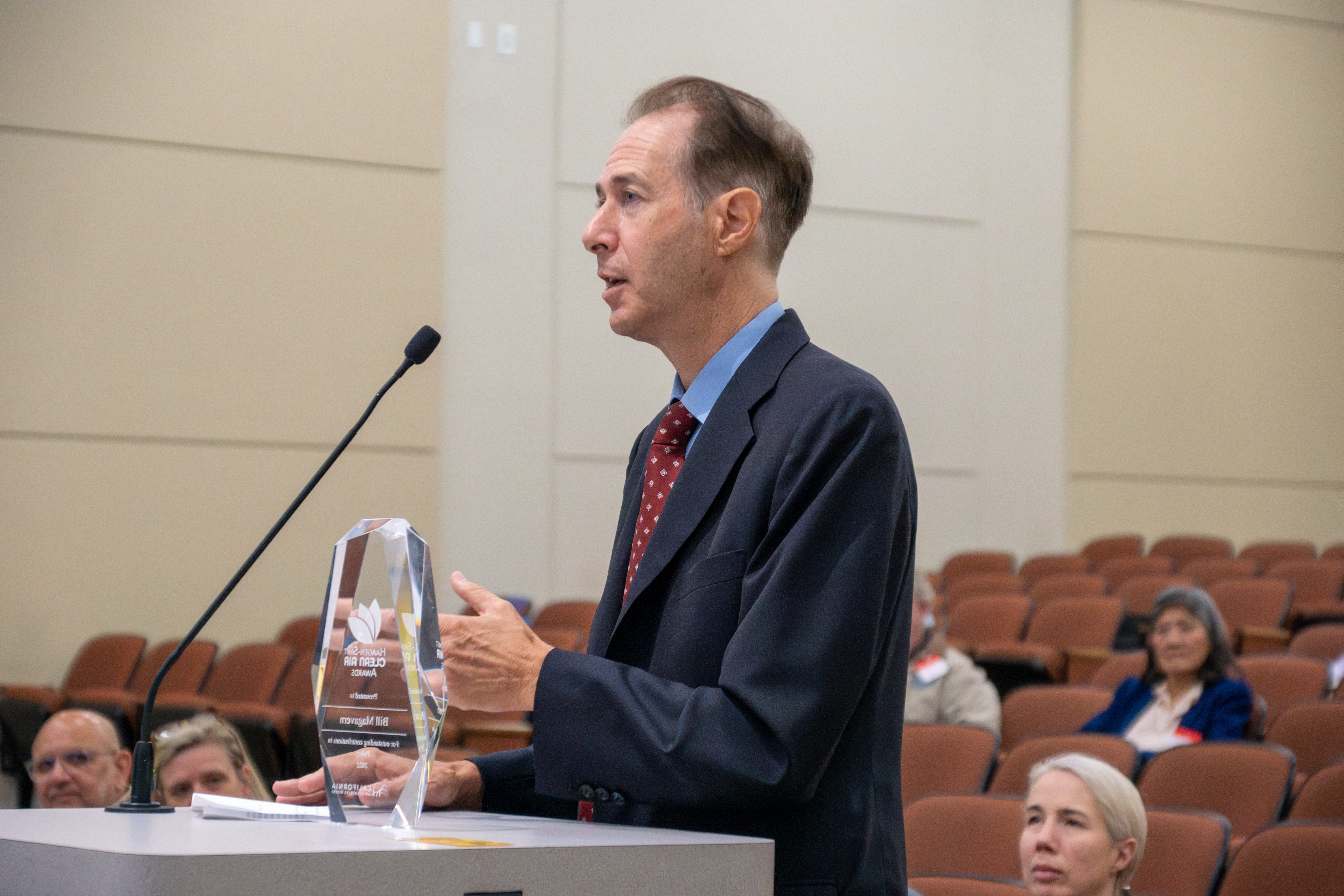 Bill Magavern, Policy Director, Coalition for Clean Air, speaks after receiving a 2022 Haagen-Smit Clean Air Award. CARB honored recipients of the 2022 Haagen-Smit Clean Air Awards, California’s premier award annually recognizing individuals who have made transformative contributions toward improving air quality or addressing climate change, during the monthly board meeting held at Byron Sher Auditorium at CalEPA Headquarters in Sacramento, June 22, 2023.