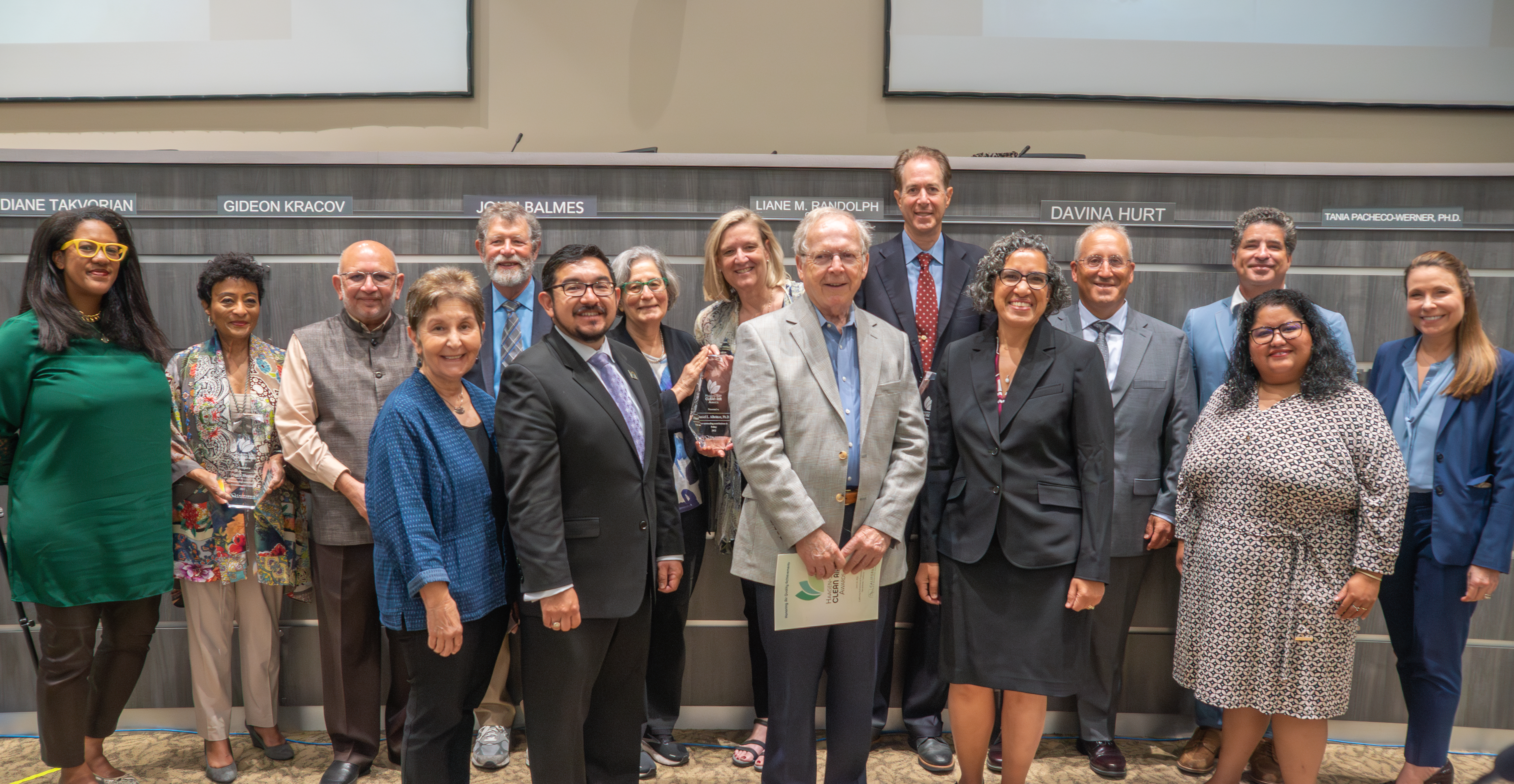 Board members and recipients of the 2022 Haagen-Smit Clean Air Awards, during the board meeting held at Byron Sher Auditorium at CalEPA Headquarters in Sacramento, June 22, 2023. From left: Board Member Davina Hurt; Recipient Peggy Shepard; Recipient Shankar Prasad; Board Member Diane Takvorian; Board Member John Balmes; Board Member Eric Guerra; Susan Solomon, Ph.D. standing in for Recipient Daniel L. Albritton;Daniel L. Albritton's daughter Eliz Albritton-McDonald; Alan C. Lloyd Former CARB Chair and Haagen-Smit Advisory Committee Chair; Recipient Bill Magavern;Current CARB Chair Liane M. Randolph; Recipient Allen H. Goldstein; Board Member Gideon Krakow; Board Member Tania Pacheco-Werner; Board Member Susan Shaheen. Recipient not pictured: Prashant Gargava.