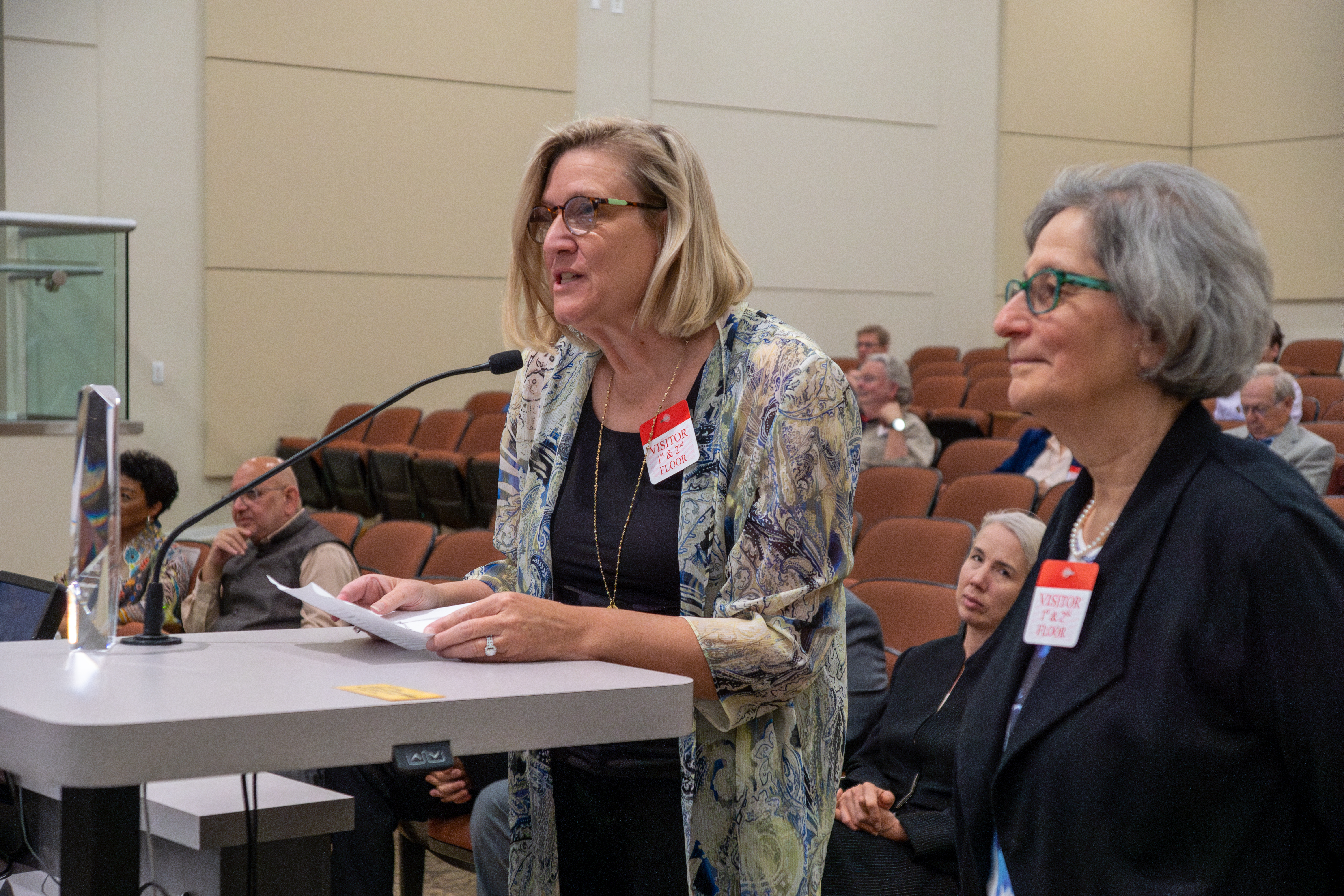 Eliz Albritton-McDonald speaks on behalf of Daniel L. Albritton, Ph.D. (1936-2023), Former Director, National Oceanic and Atmospheric Administration, Chemical Sciences Laboratory (formerly Aeronomy Laboratory), after accepting a 2022 Haagen-Smit Clean Air Award. At right stands Dr. Albritton's former colleague Susan Solomon, Ph.D., Massachusetts Institute of Technology. 6/22/2023