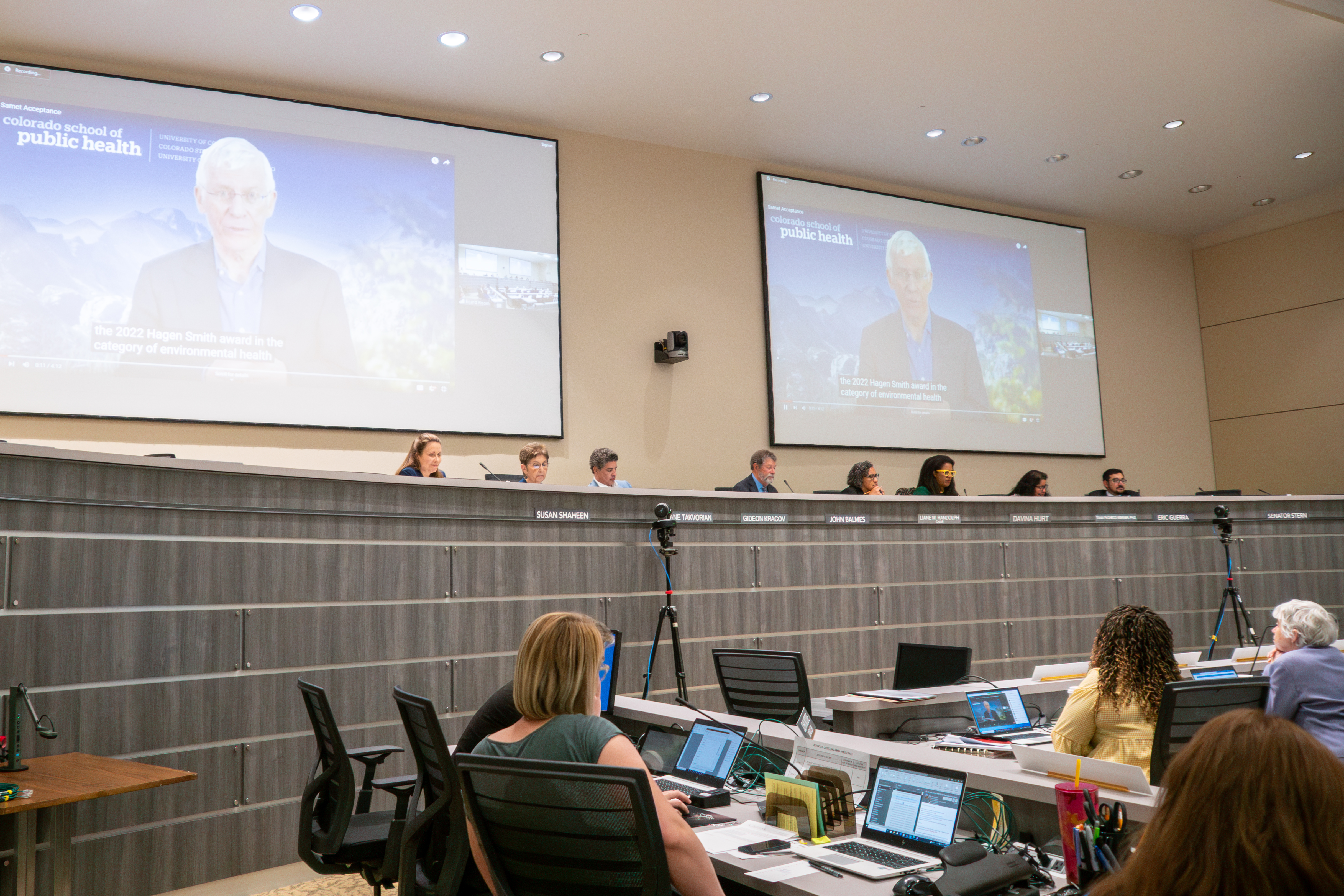 Jonathan Samet, M.D., M.S., Dean and Professor, Colorado School of Public Health, speaks in a pre-recorded video as CARB honors recipients of the 2022 Haagen-Smit Clean Air Awards, California’s premier award annually recognizing individuals who have made transformative contributions toward improving air quality or addressing climate change, during the monthly board meeting held at Byron Sher Auditorium at CalEPA Headquarters in Sacramento, June 22, 2023.