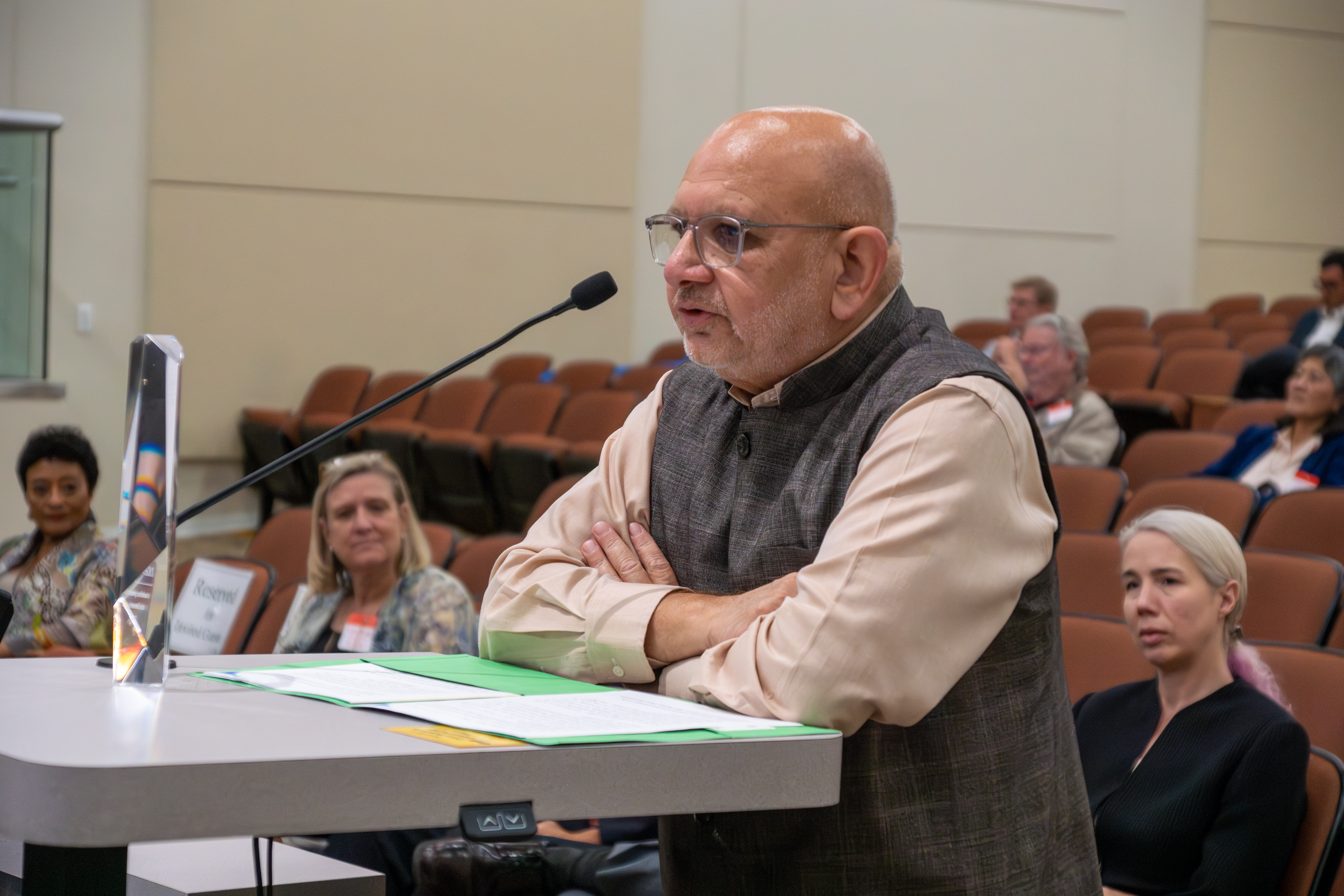 Shankar Prasad, M.B.B.S., Retired, Office of Environmental Health Hazard Assessment, speaks after receiving a 2022 Haagen-Smit Clean Air Award. CARB honored recipients of the 2022 Haagen-Smit Clean Air Awards, California’s premier award annually recognizing individuals who have made transformative contributions toward improving air quality or addressing climate change, during the monthly board meeting held at Byron Sher Auditorium at CalEPA Headquarters in Sacramento, June 22, 2023.