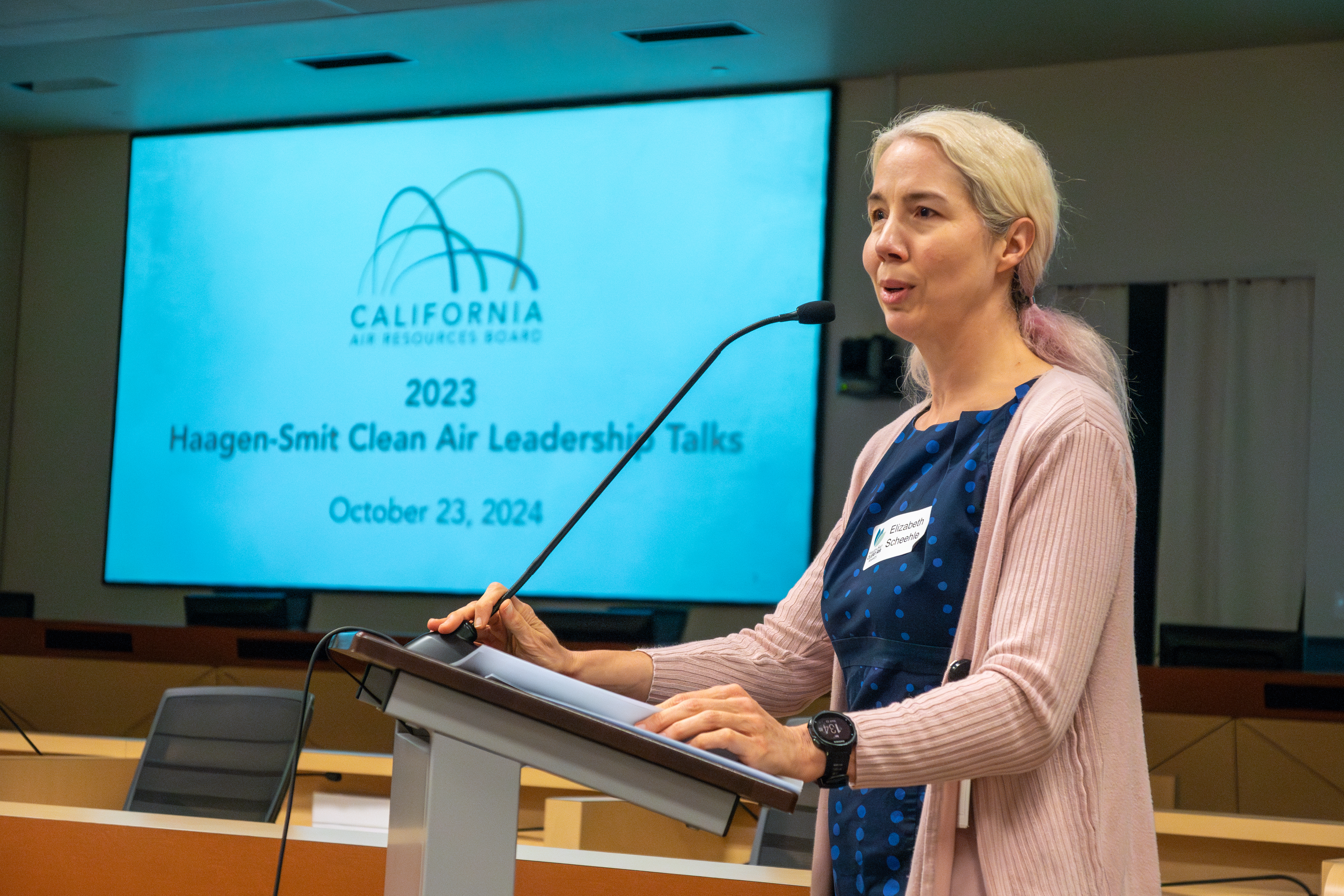 Research Division Chief Elizabeth Scheehle introducing the 2023 Haagen-Smit Clean Air Awardees.