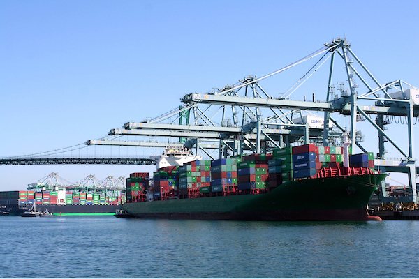 Large containership at berth at the Port of Los Angeles.