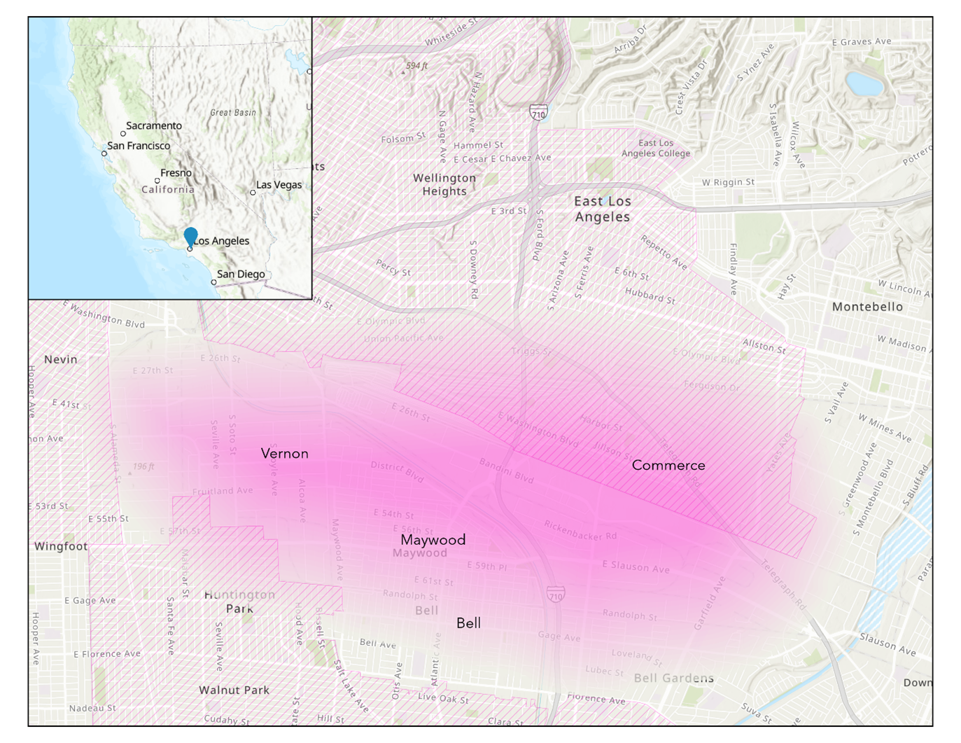 google map for Maywood, Vernon, Bell East Commerce areas