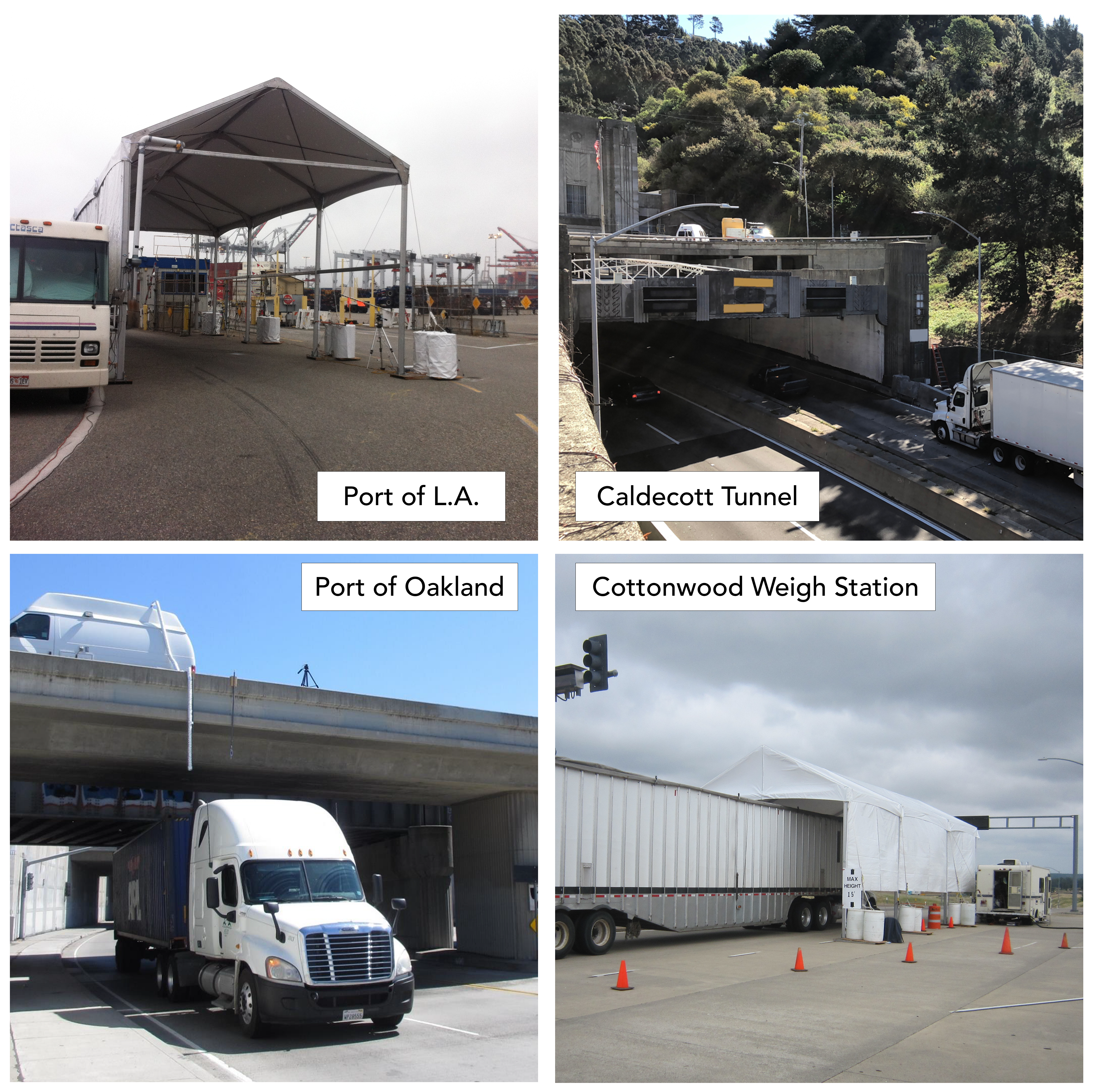 Photographs taken at four roadside locations - (1) the Port of Oakland, (2) the Caldecott Tunnel, (3) the Port of Los Angeles, and (4) the Cottonwood weigh station.