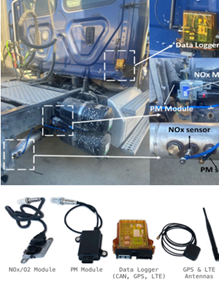 Photograph of a truck, with the location of various emissions-related sensors indicated.