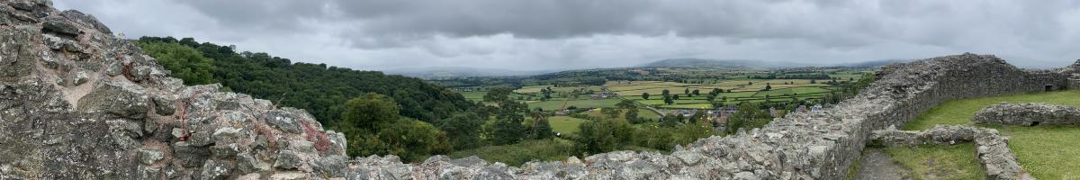 View of Montgomeryshire (now Powys) from Montgomery Castle, July 2024