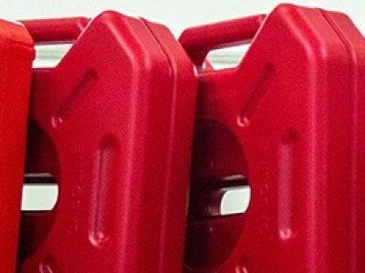 This is a line up of various certified Portable Fuel Containers. 