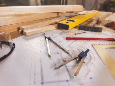 desk with construction designs and materials